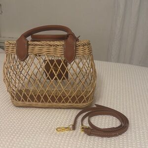 Brown Woven Handbag with Leather Accents